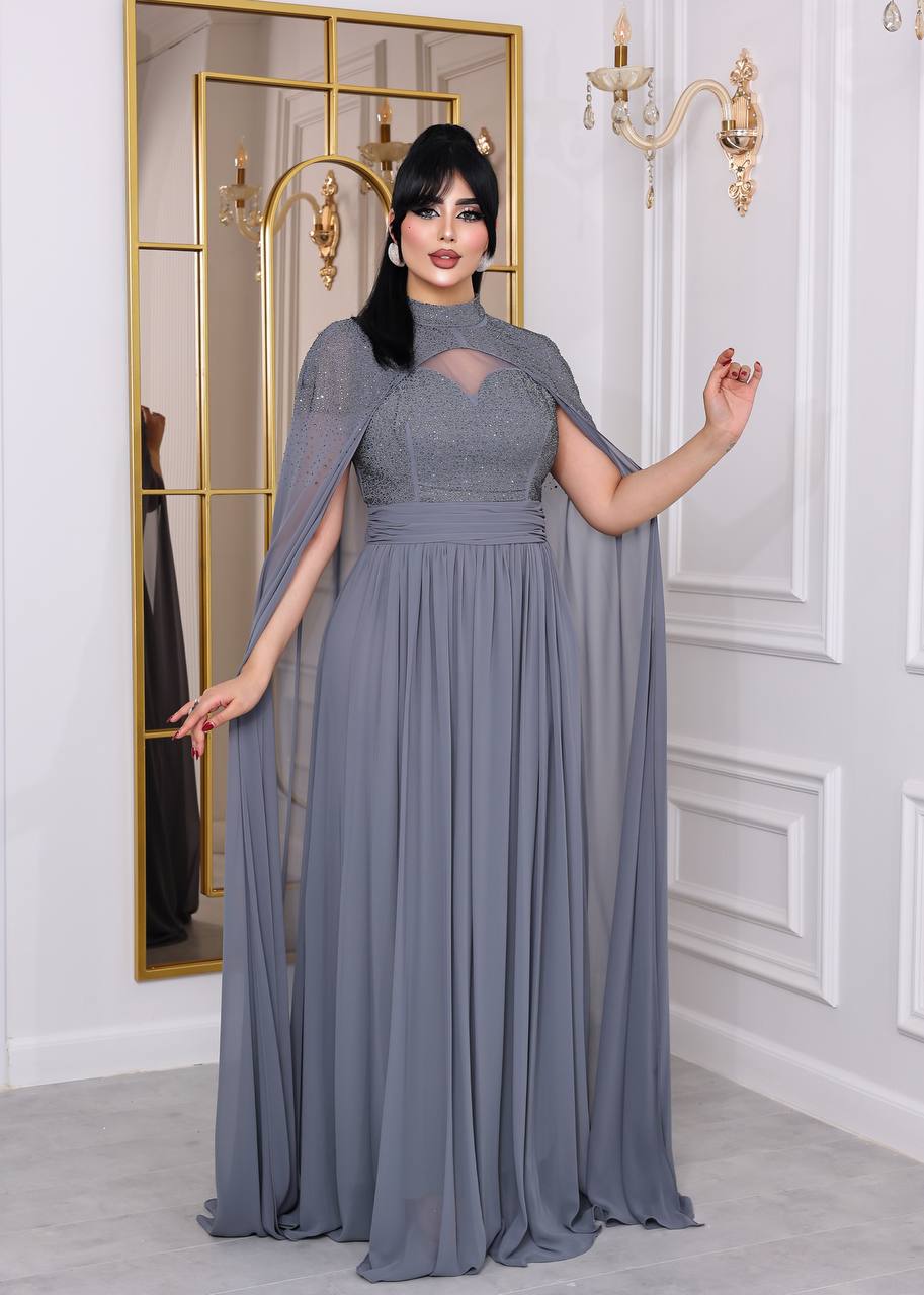 Glamour Embellished Cape Sleeve Evening Gown (📹)