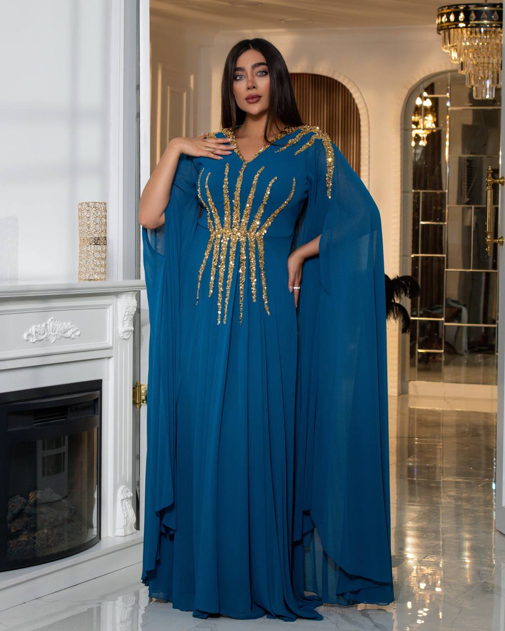 Regal Sequin Embellished Kaftan Gown with Flowing Cape Sleeves (📹)