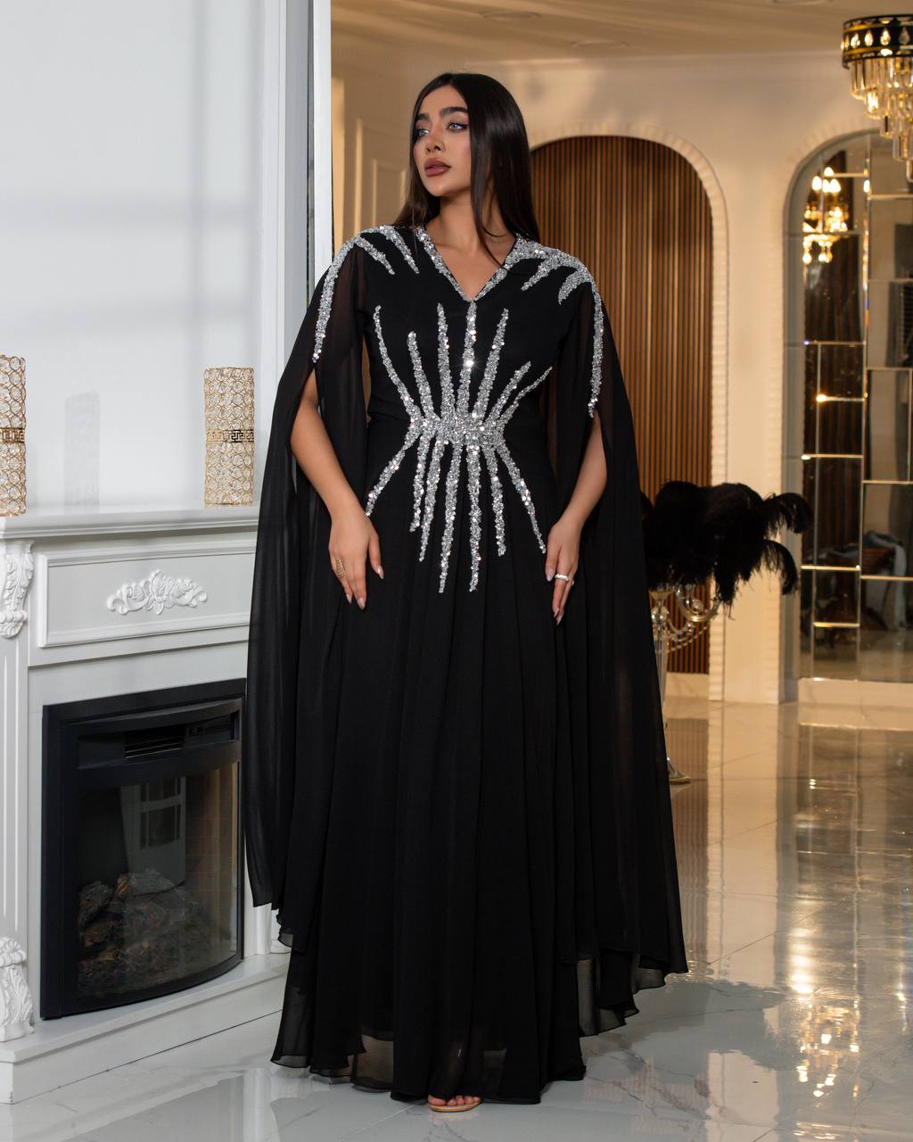 Regal Sequin Embellished Kaftan Gown with Flowing Cape Sleeves (📹)