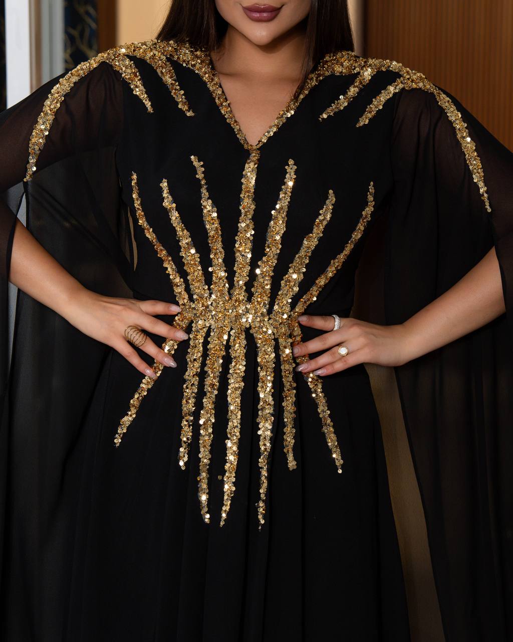 Regal Sequin Embellished Kaftan Gown with Flowing Cape Sleeves (📹)