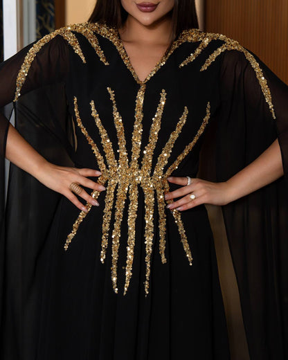 Regal Sequin Embellished Kaftan Gown with Flowing Cape Sleeves (📹)