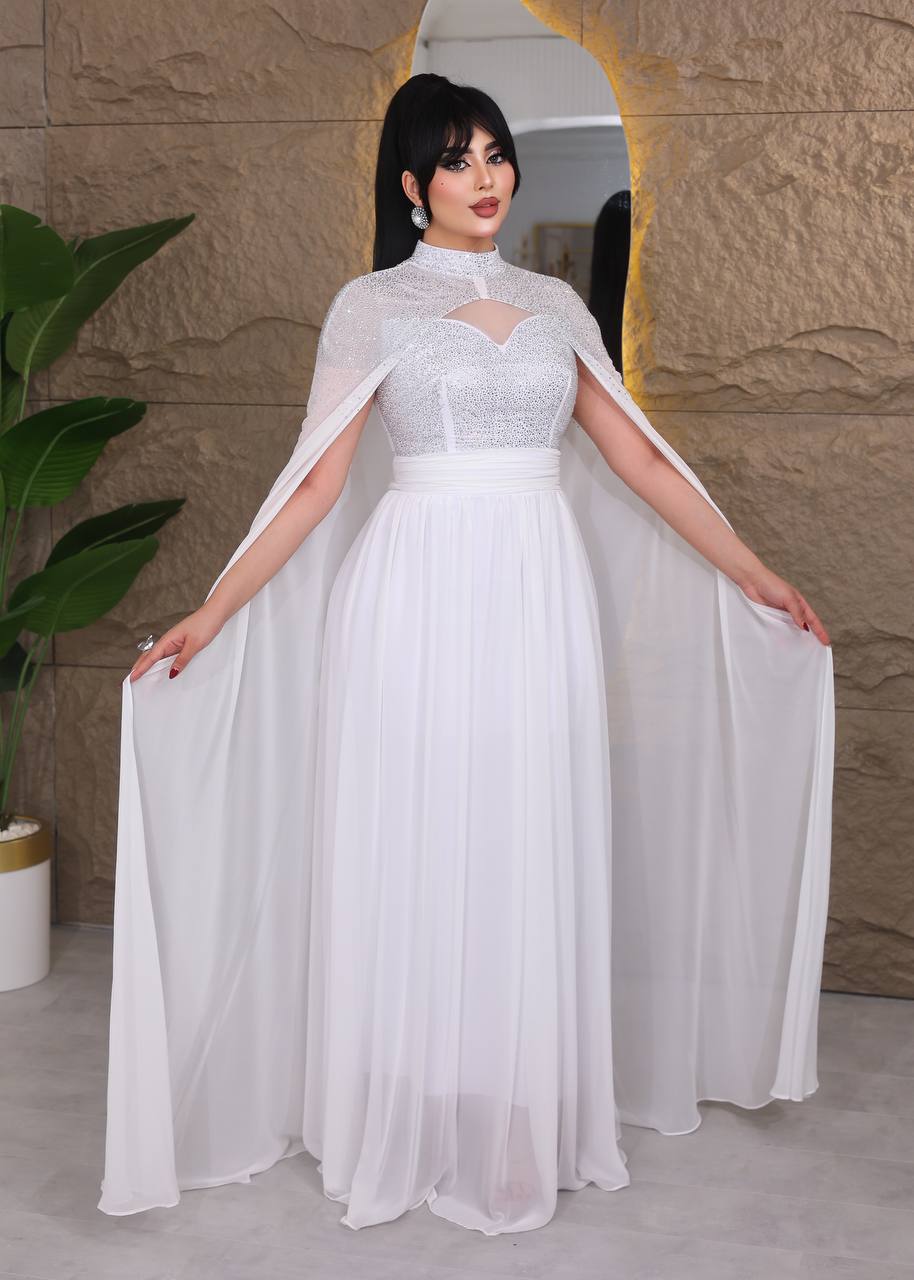 Glamour Embellished Cape Sleeve Evening Gown (📹)