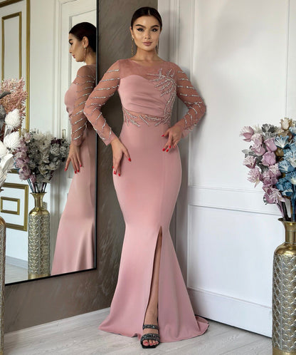 Embellished Illusion Long-Sleeve Mermaid Gown