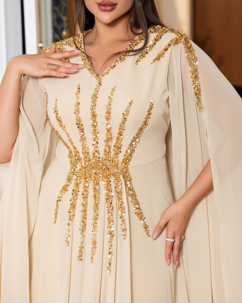 Regal Sequin Embellished Kaftan Gown with Flowing Cape Sleeves (📹)