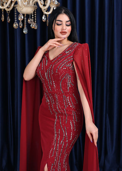 Regal Embellished Cape Sleeve Evening Gown (📹)