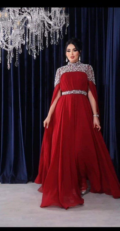 Royal Embellished High-Neck Cape Evening Gown