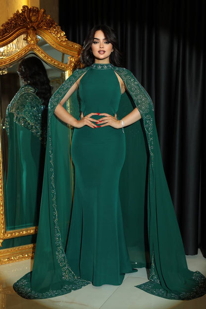 Regal Embellished Evening Gown with Cape Sleeves (📹)