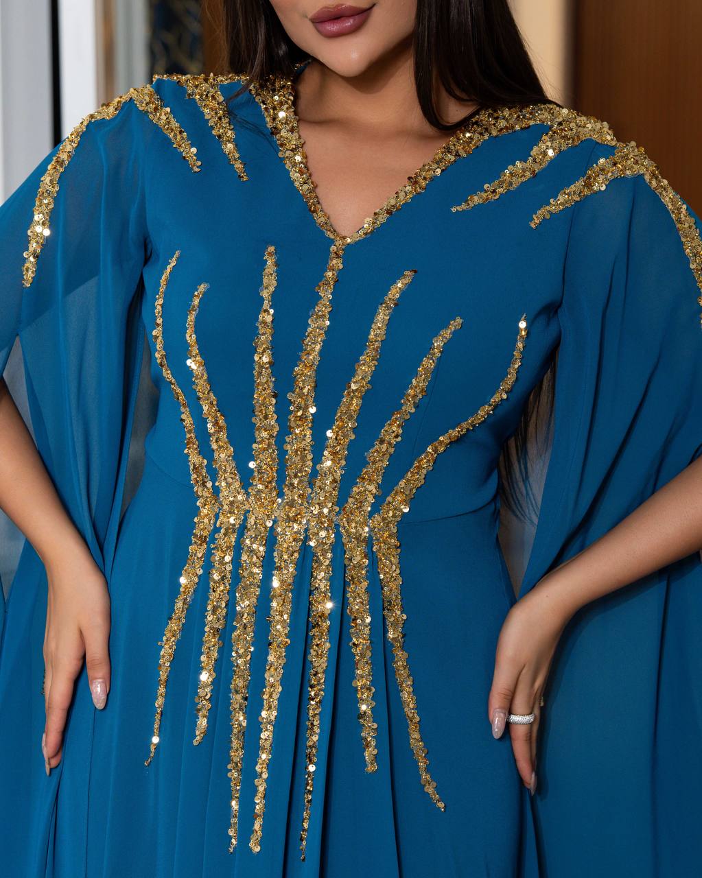 Regal Sequin Embellished Kaftan Gown with Flowing Cape Sleeves (📹)