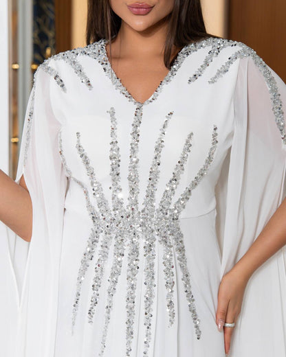 Regal Sequin Embellished Kaftan Gown with Flowing Cape Sleeves (📹)