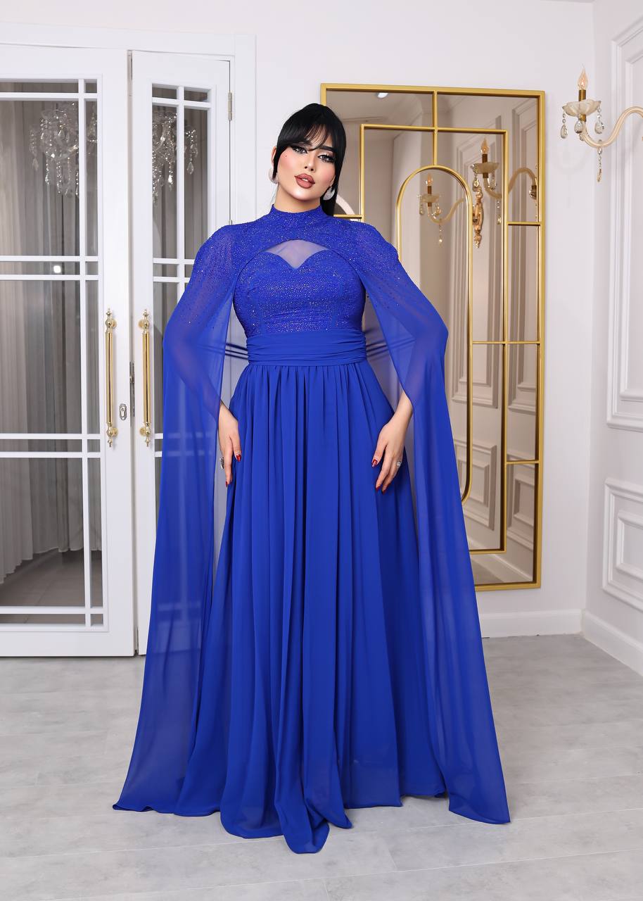 Glamour Embellished Cape Sleeve Evening Gown (📹)