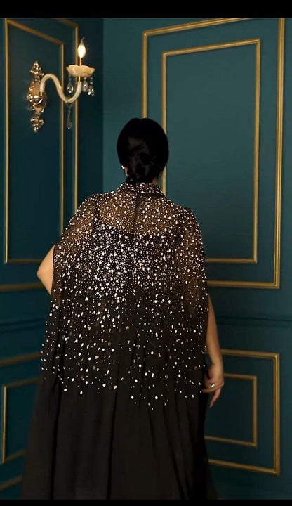 Starlit Crystal-Embellished Cape Evening Gown (📹)