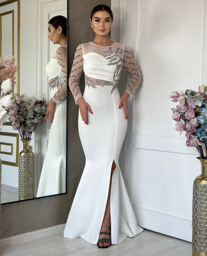 Embellished Illusion Long-Sleeve Mermaid Gown