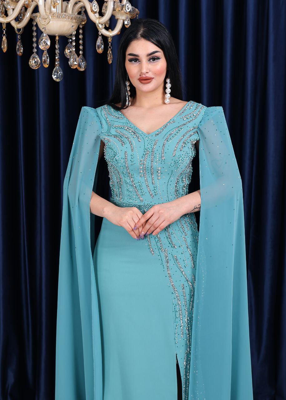 Regal Embellished Cape Sleeve Evening Gown (📹)