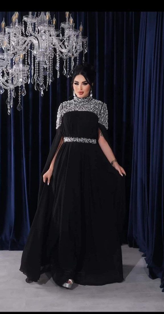 Royal Embellished High-Neck Cape Evening Gown