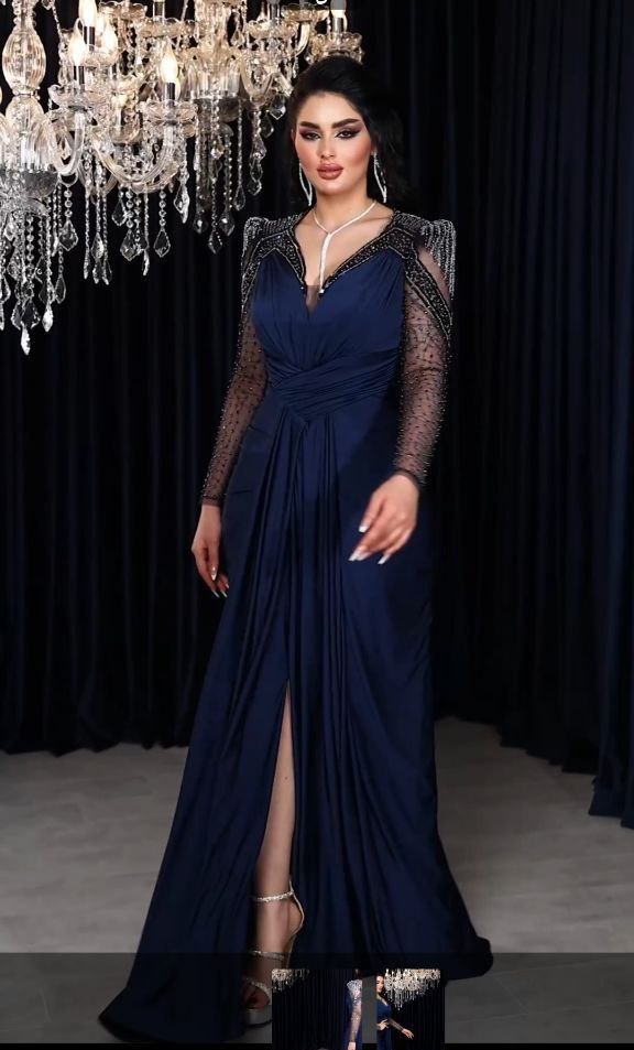 Crystal-Studded Sheer Sleeve Draped Evening Gown (📹)