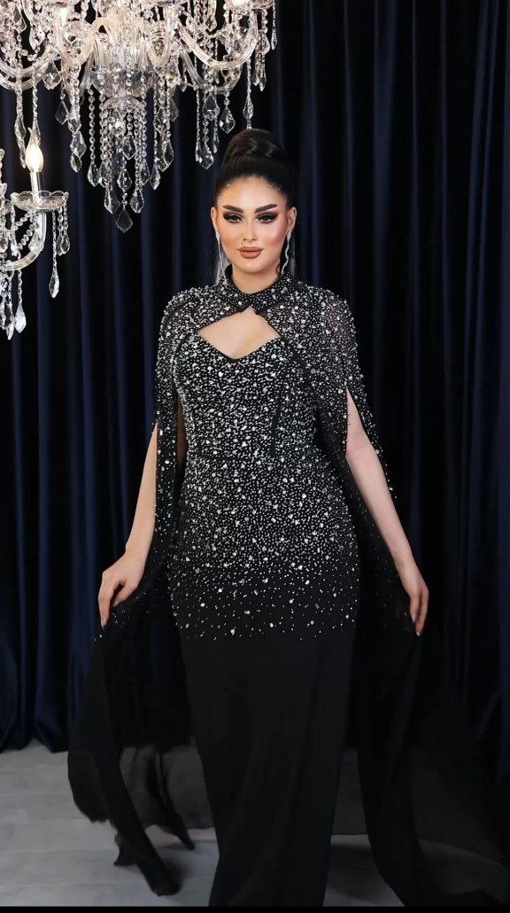 Starlit Crystal-Embellished Cape Evening Gown (📹)