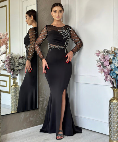 Embellished Illusion Long-Sleeve Mermaid Gown