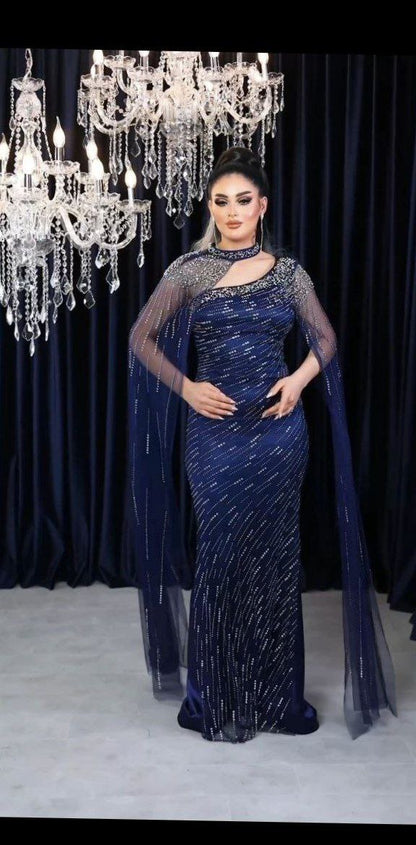 Celestial Glamour Beaded Evening Gown with Elegant Sheer Cape (📹)