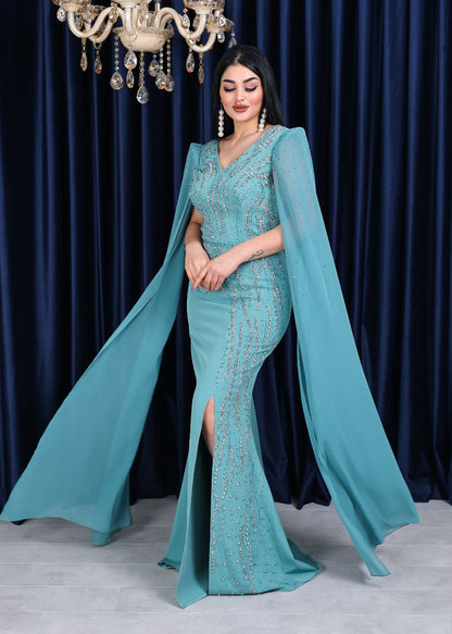 Regal Embellished Cape Sleeve Evening Gown (📹)