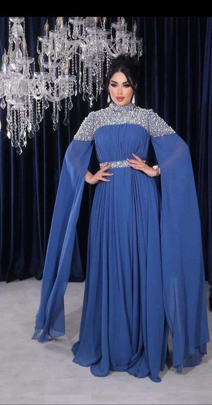 Royal Embellished High-Neck Cape Evening Gown