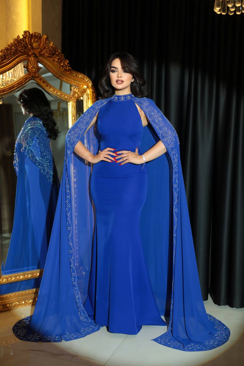 Regal Embellished Evening Gown with Cape Sleeves (📹)