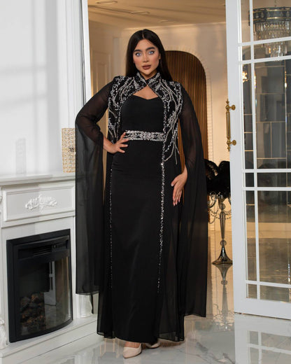 Regal Embroidered Cape Evening Gown(📹)