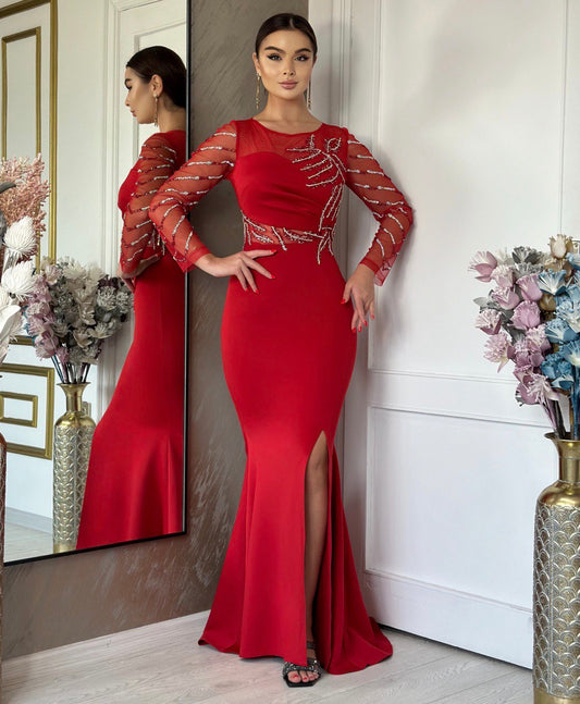 Embellished Illusion Long-Sleeve Mermaid Gown