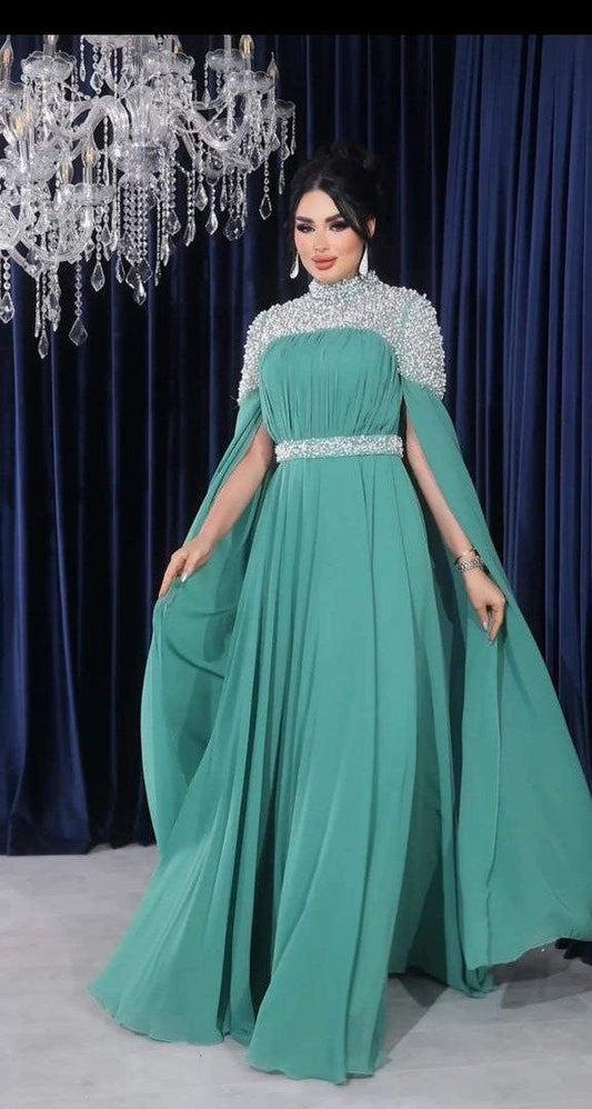 Royal Embellished High-Neck Cape Evening Gown