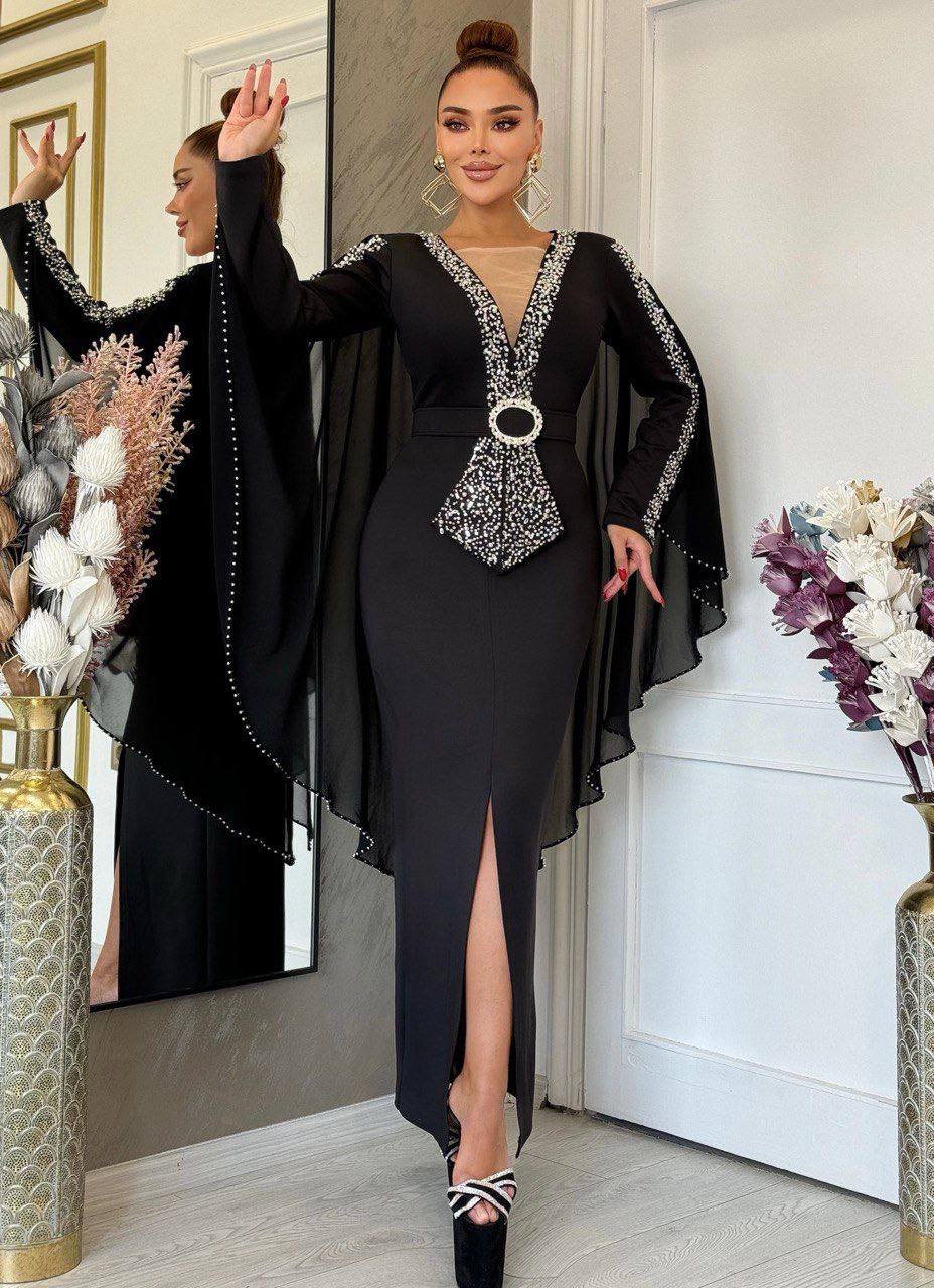 Regal Embellished V-Neck Cape Evening Gown with Beaded Waist Accent (📹)