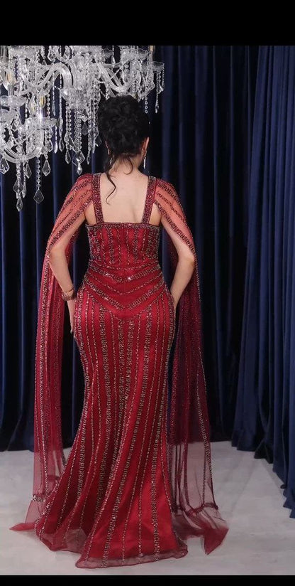 Product Name: Crystal Embellished Cape Evening Gown (📹)