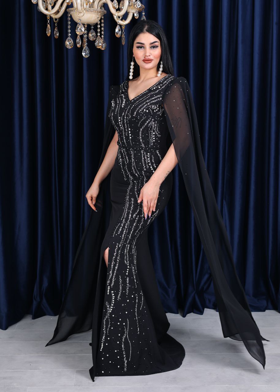 Regal Embellished Cape Sleeve Evening Gown (📹)