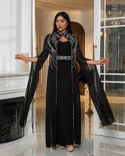 Regal Embroidered Cape Evening Gown(📹)