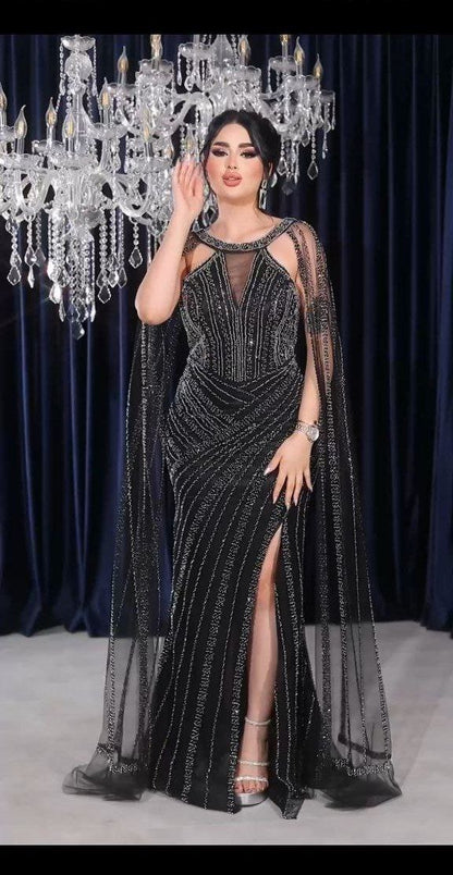 Product Name: Crystal Embellished Cape Evening Gown (📹)