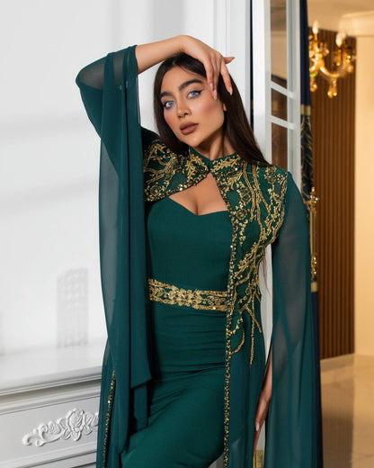 Regal Embroidered Cape Evening Gown(📹)