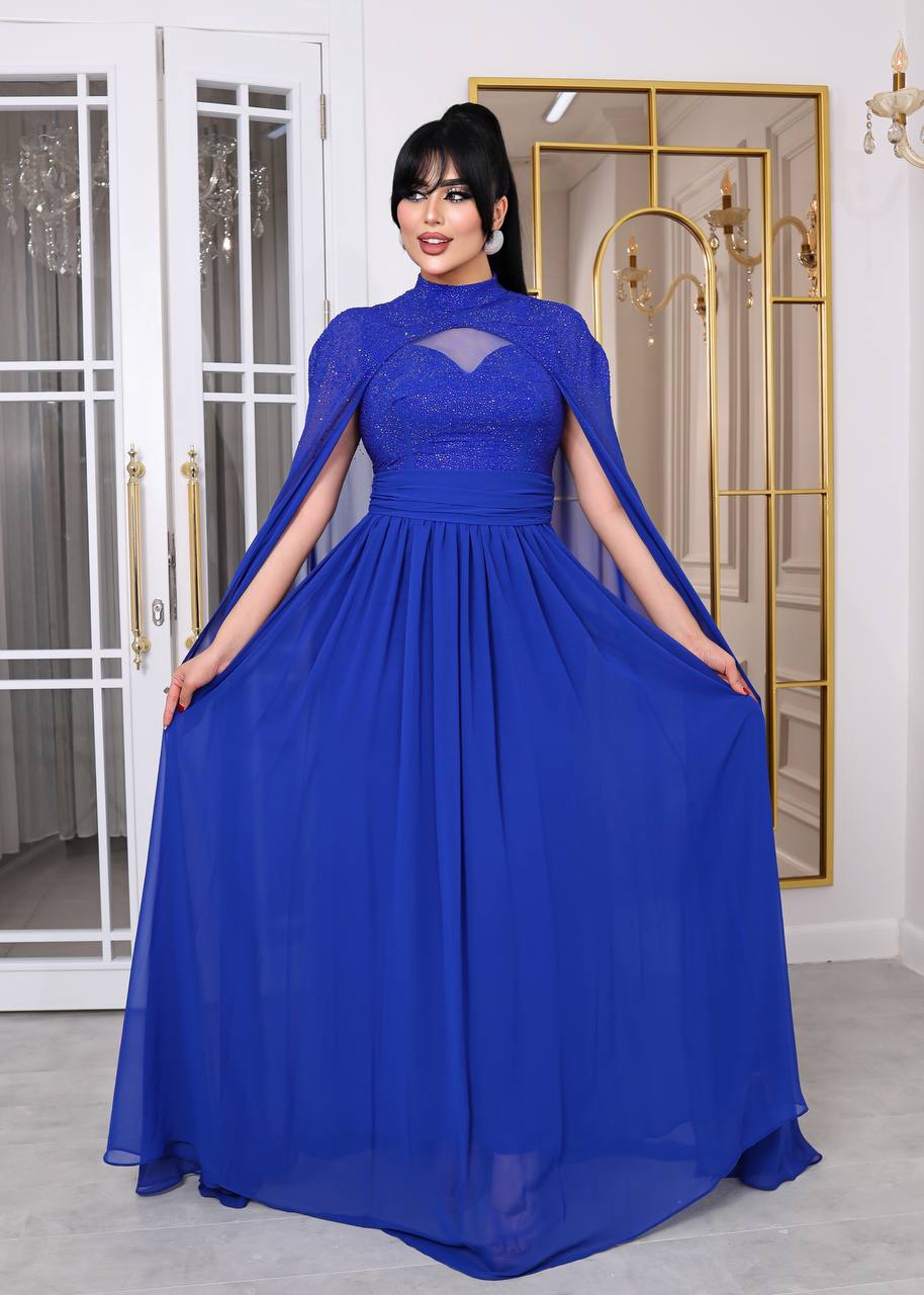 Glamour Embellished Cape Sleeve Evening Gown (📹)