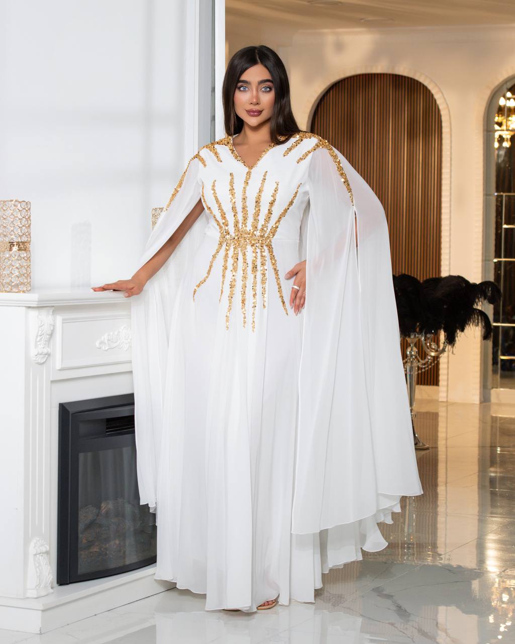 Regal Sequin Embellished Kaftan Gown with Flowing Cape Sleeves (📹)