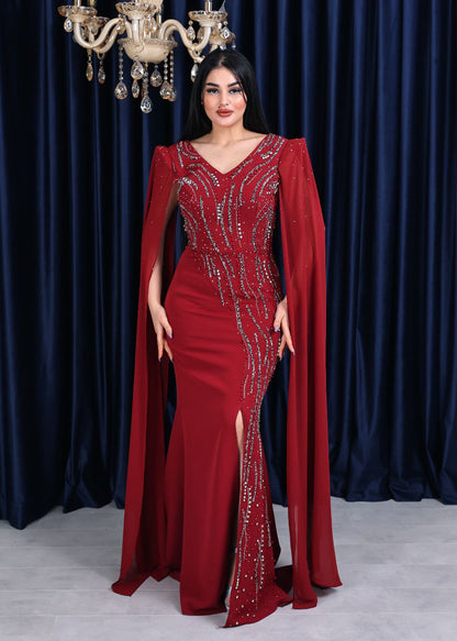 Regal Embellished Cape Sleeve Evening Gown (📹)