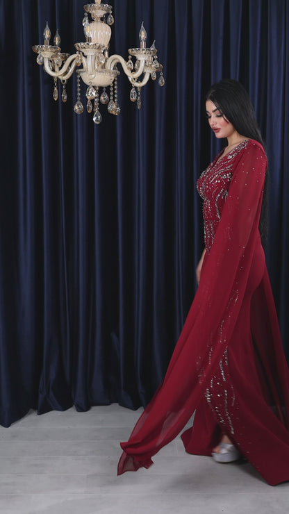 Regal Embellished Cape Sleeve Evening Gown (📹)