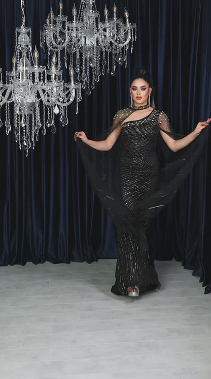 Celestial Glamour Beaded Evening Gown with Elegant Sheer Cape (📹)