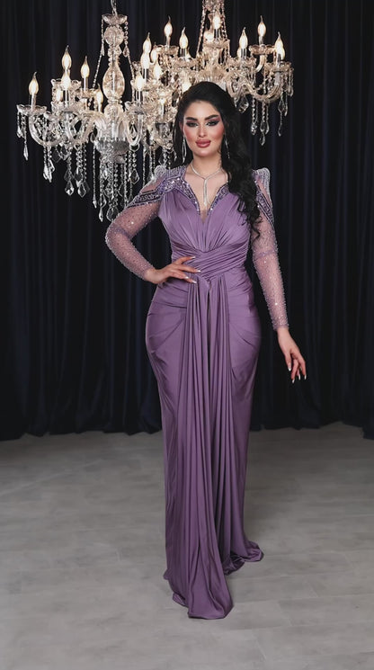 Crystal-Studded Sheer Sleeve Draped Evening Gown (📹)