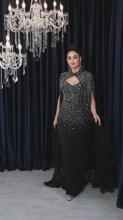 Starlit Crystal-Embellished Cape Evening Gown (📹)