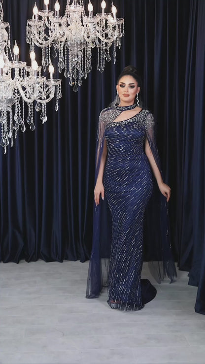 Celestial Glamour Beaded Evening Gown with Elegant Sheer Cape (📹)