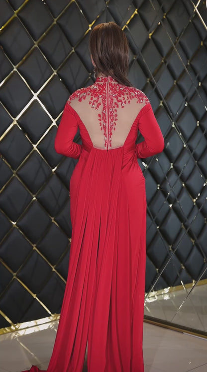 Scarlet Elegance Embellished Evening Gown (📹)