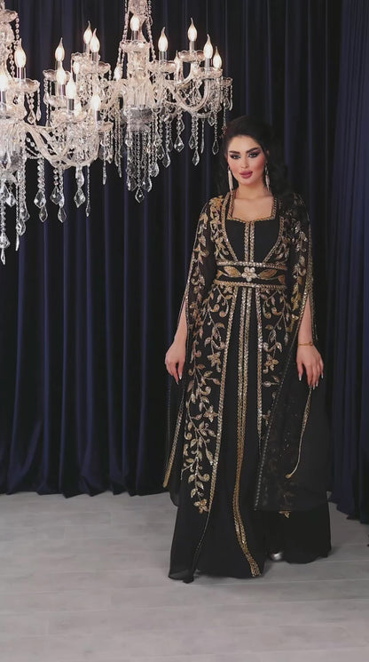 Royal Embroidered Evening Gown with Cape Sleeves (📹)