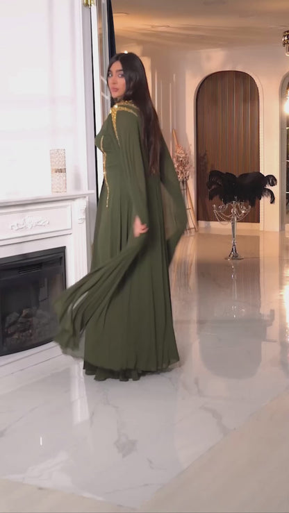 Regal Sequin Embellished Kaftan Gown with Flowing Cape Sleeves (📹)